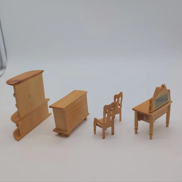 Miniature Wooden Dollhouse Furniture Lot Cabinet, Dresser, Vanity Chairs - Picture 3 of 4